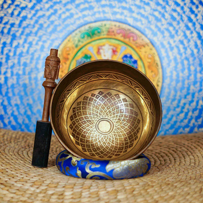 Cosmos singing bowl with intricate floral mandala engraving and traditional Tibetan-inspired artwork from Nepal