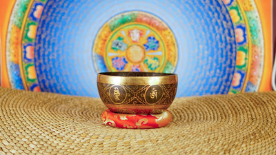 Conch singing bowl with traditional Buddhist conch symbolism and detailed engraved Nepalese craftsmanship