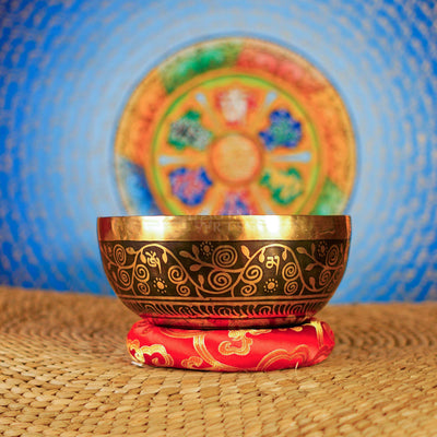 Elephant and Flower of Life engraved Nepalese singing bowl with cushion and mallet