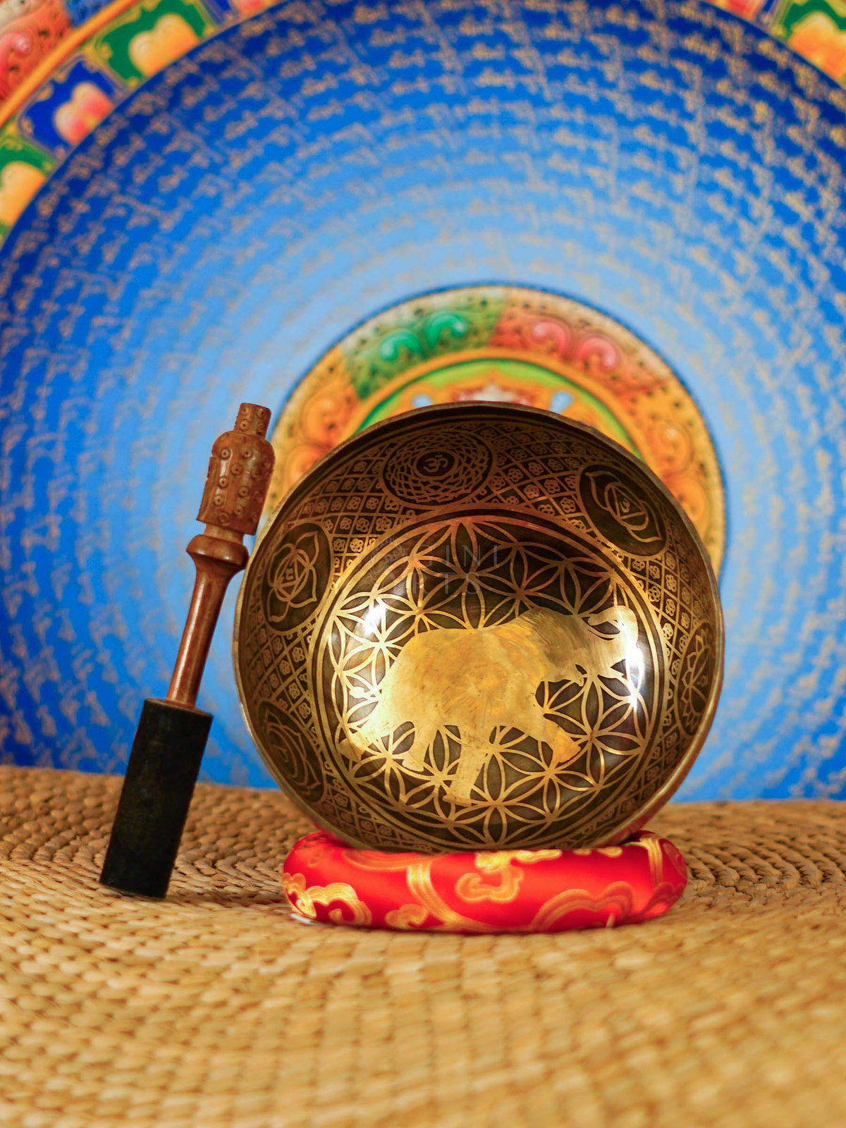 Elephant and Flower of Life engraved Nepalese singing bowl with cushion and mallet