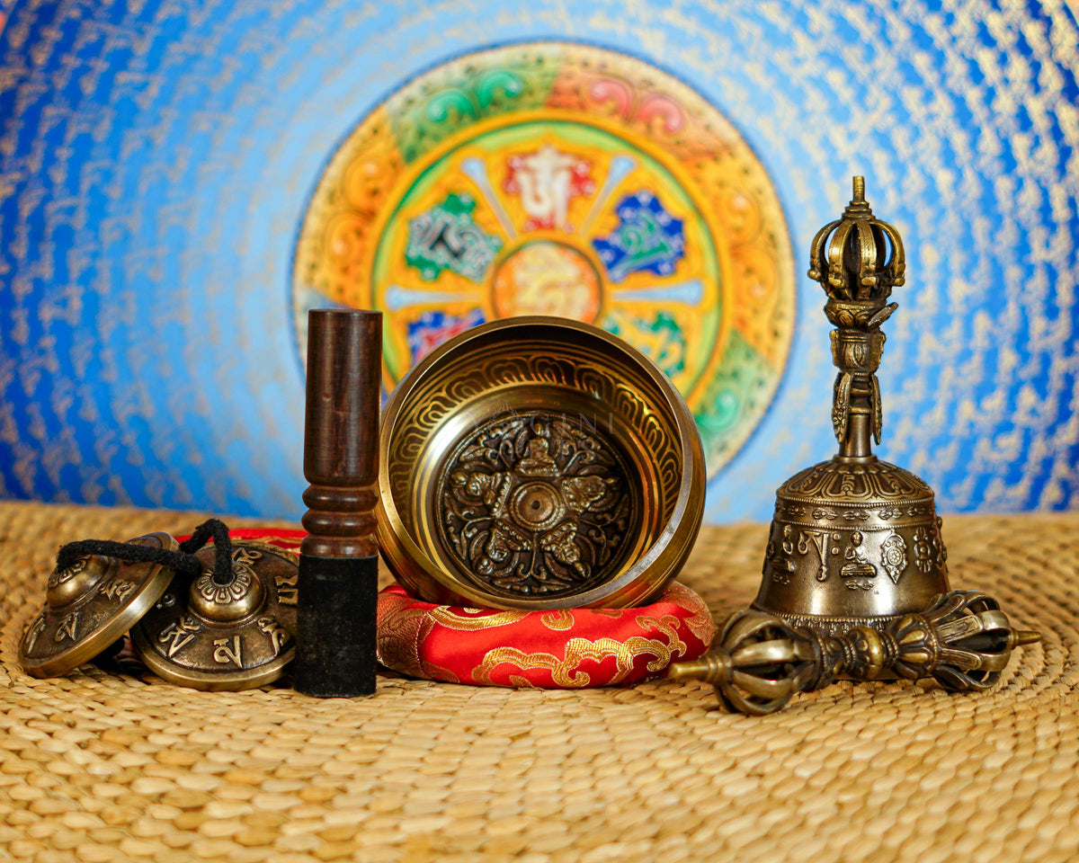 Pancha Buddha singing bowl set with tingsha, suede mallet, cushion, Buddhist mantra artwork, bell and vajra