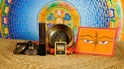 Auspicious singing bowl set with tingsha, suede mallet, cushion, Buddhist artwork and pendant