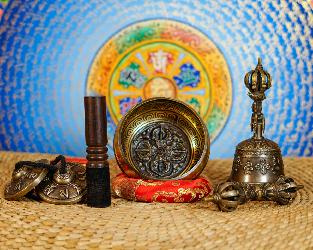 Dorje Singing Bowl Meditation Set with ritual bell, Dorje, tingsha cymbals, cushion, and Buddhist accessories