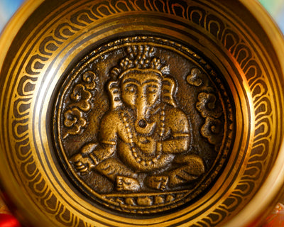 Close-up of Ganesha design inside a handcrafted Himalayan singing bowl