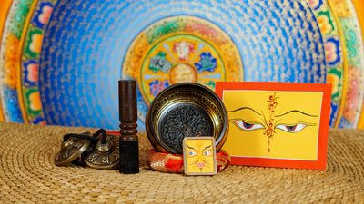 Mantra singing bowl set with tingsha, suede mallet, cushion, Buddhist artwork and pendant