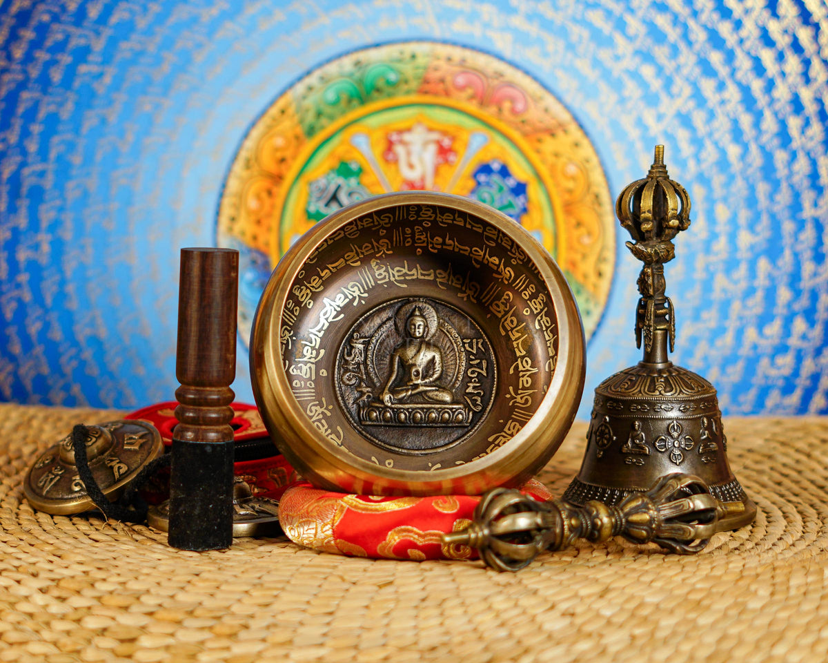 Buddha bronze singing bowl set with tingsha, suede mallet, Buddhist bell and vajra