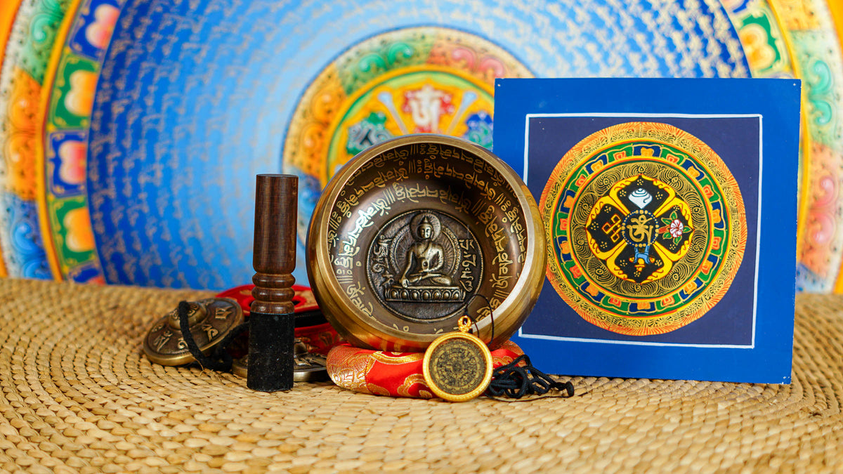 Buddha bronze singing bowl set with tingsha, suede mallet, cushion, Buddhist artwork and pendant