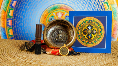 Buddha bronze singing bowl set with tingsha, suede mallet, cushion, Buddhist artwork and pendant