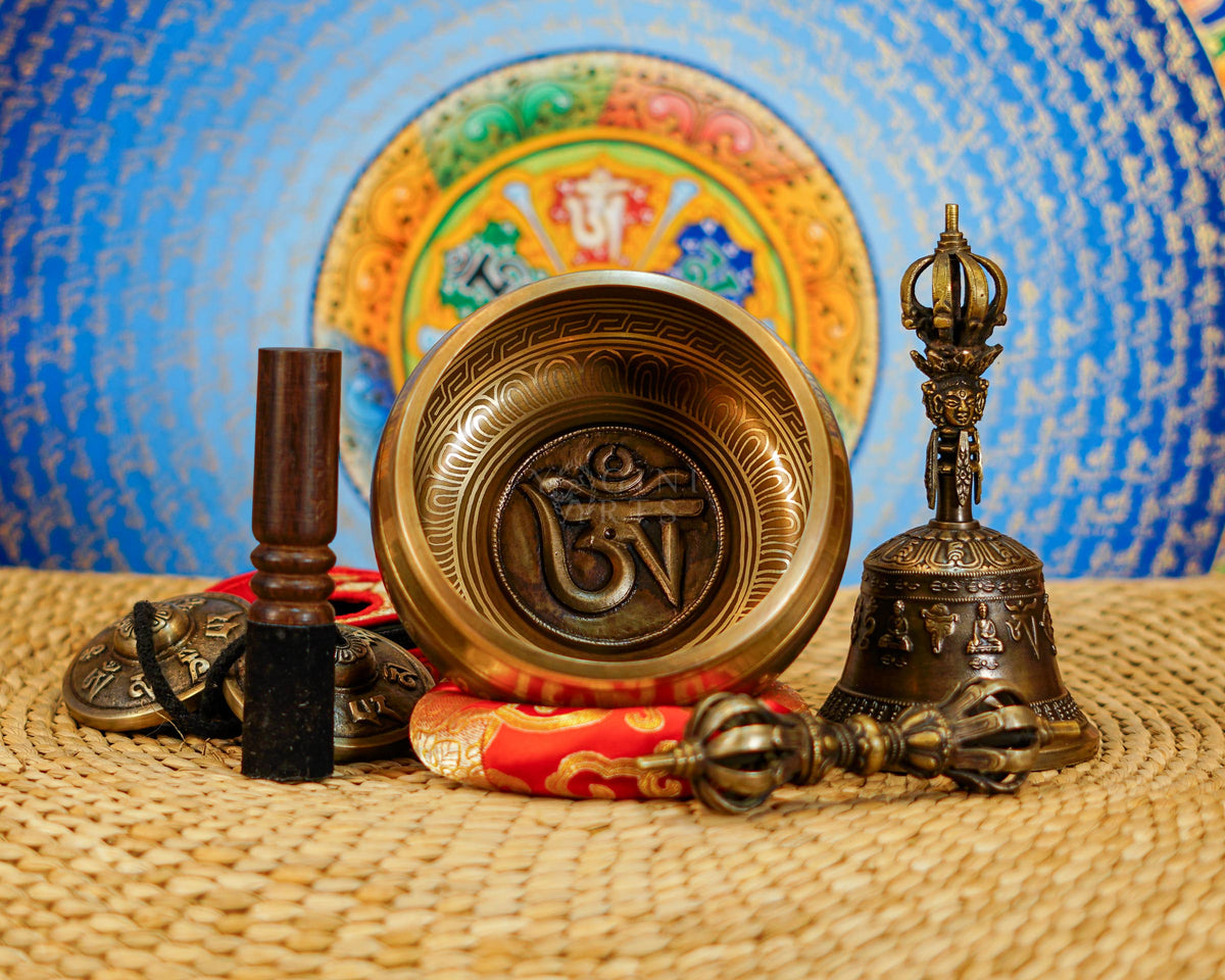 Mantra singing bowl set with tingsha, suede mallet, Buddhist bell and vajra