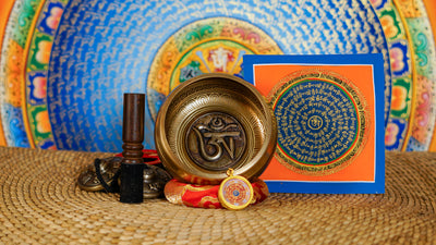 Mantra singing bowl set with Ashtamangala tingsha, suede mallet, cushion and Buddhist artwork