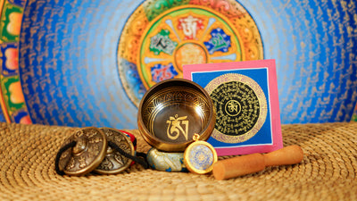 Complete Himalayan Buddhist ritual set with mantra singing bowl, Ashtamangala tingsha, bell, vajra and meditation accessories from Nepal