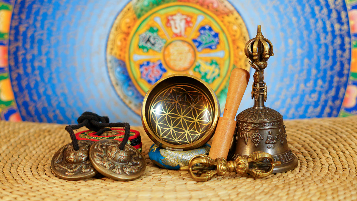 Complete Flower of Life singing bowl ritual set with Ashtamangala tingsha, Buddhist bell, vajra, wooden mallet and meditation accessories from Nepal