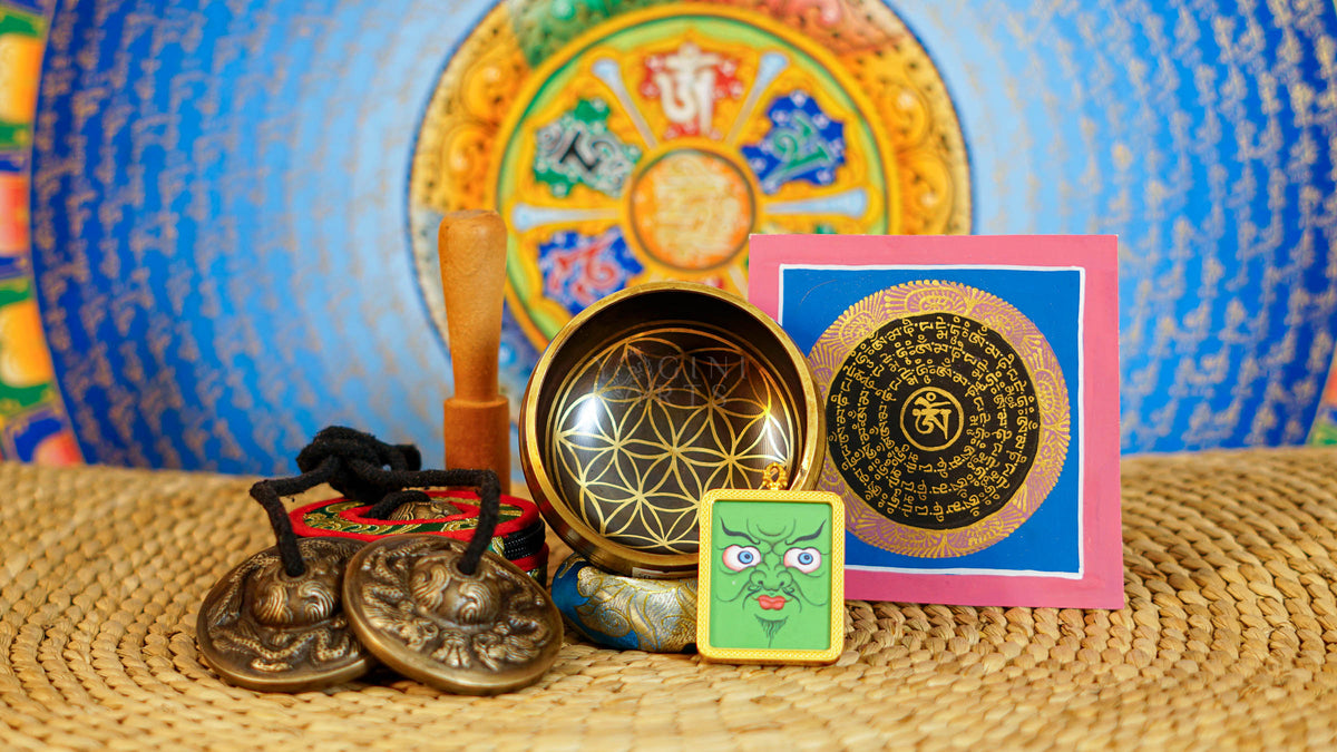 Flower of Life singing bowl set with Ashtamangala tingsha, wooden mallet, cushion and Buddhist devotional accessories from Nepal