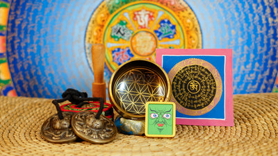 Flower of Life singing bowl set with Ashtamangala tingsha, wooden mallet, cushion and Buddhist devotional accessories from Nepal