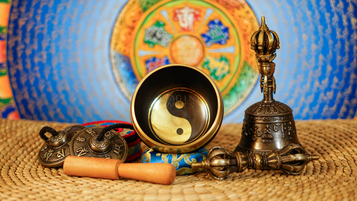 Complete Yin Yang singing bowl ritual set with Ashtamangala tingsha, Buddhist bell, vajra, wooden mallet and meditation accessories from Nepal