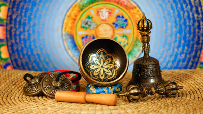 Complete lotus flower singing bowl ritual set with Ashtamangala tingsha, Buddhist bell, vajra, wooden mallet and meditation accessories from Nepal