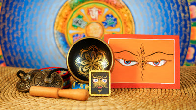 Lotus flower singing bowl meditation set with Ashtamangala tingsha, wooden mallet, cushion and Buddhist devotional accessories from Nepal