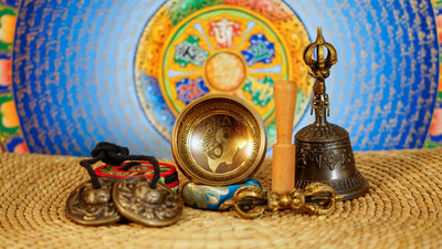 Complete Yin Yang fish singing bowl ritual set with Ashtamangala tingsha, Buddhist bell, vajra, wooden mallet and meditation accessories from Nepal