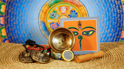 Yin Yang fish singing bowl meditation set with Ashtamangala tingsha, wooden mallet, cushion and Buddhist devotional accessories from Nepal