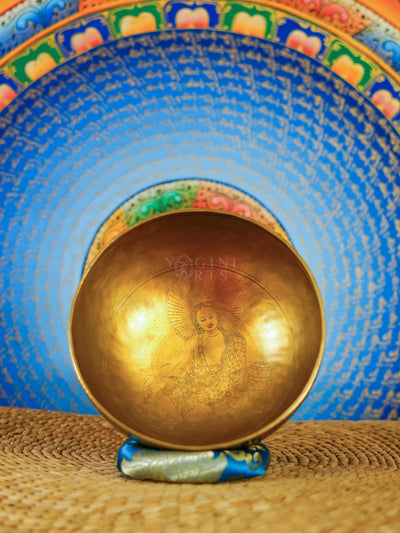 Interior of Milarepa singing bowl featuring detailed engraved Milarepa artwork