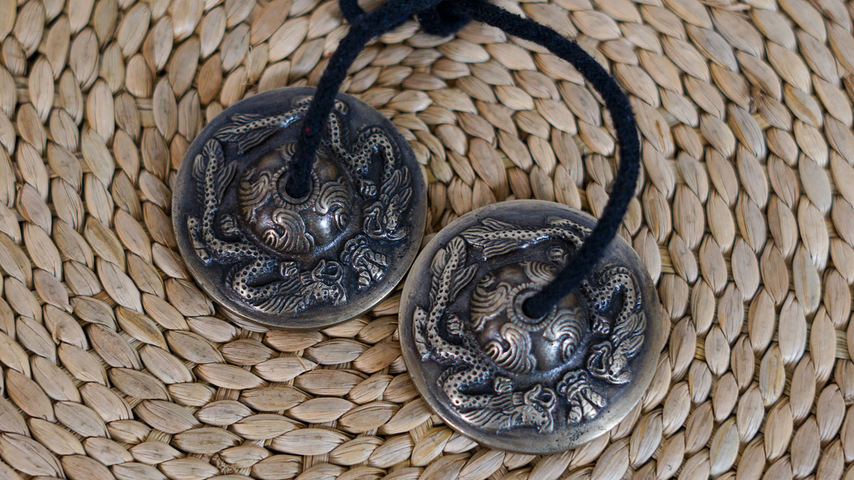 Close up of Tibetan Dragon Tingsha Cymbals showing raised dragon designs and an antique dark metallic finish.