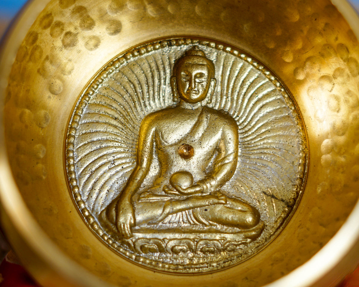 Buddha design singing bowl set with tingsha, wooden striker, cushion, Bell and Vajra
