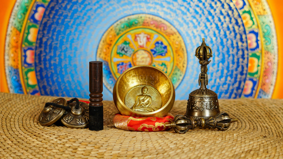 Buddha design singing bowl set with tingsha, wooden striker, cushion, Bell and Vajra