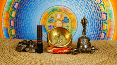 Buddha design singing bowl set with tingsha, wooden striker, cushion, Bell and Vajra