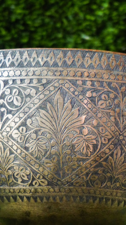 Handcrafted Semi-antique singing bowl made in Nepal with detailed carvings