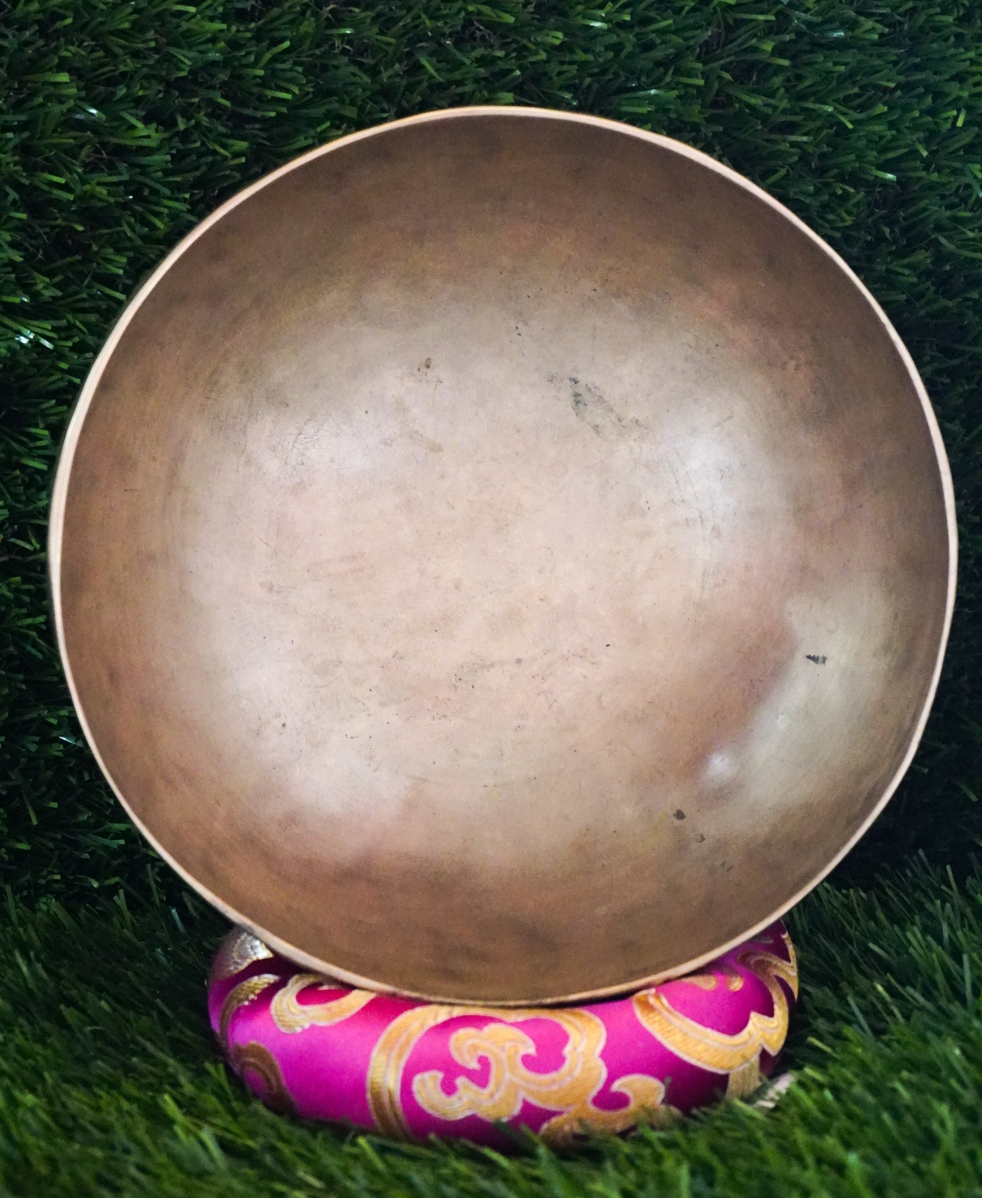 Semi-antique Singing Bowl handcrafted in Nepal with aged patina, delivering deep resonant tones for meditation, mindfulness, and spiritual practice.