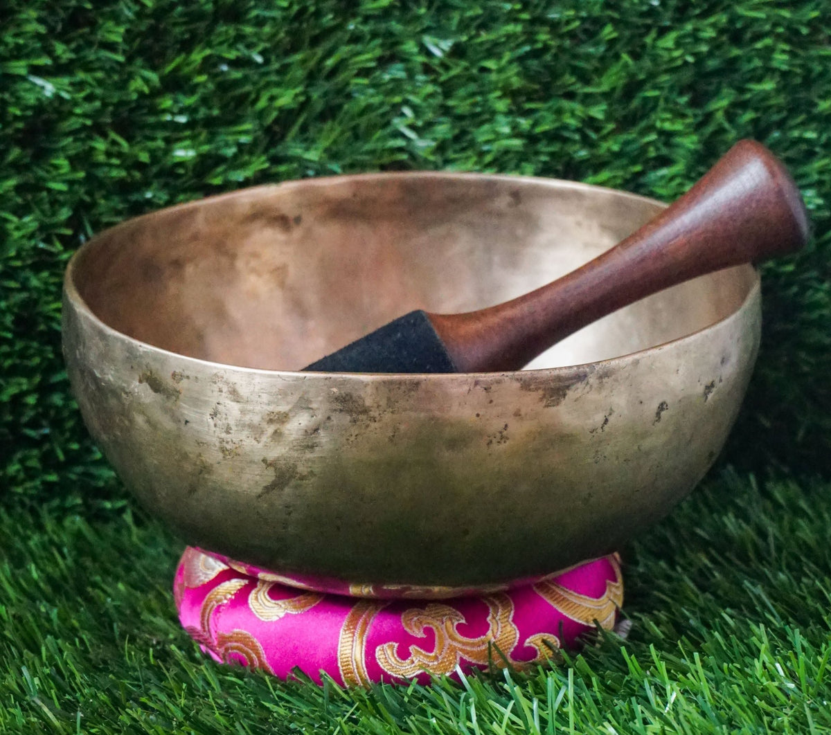 Semi-antique Singing Bowl handcrafted in Nepal with aged patina, delivering deep resonant tones for meditation, mindfulness, and spiritual practice.