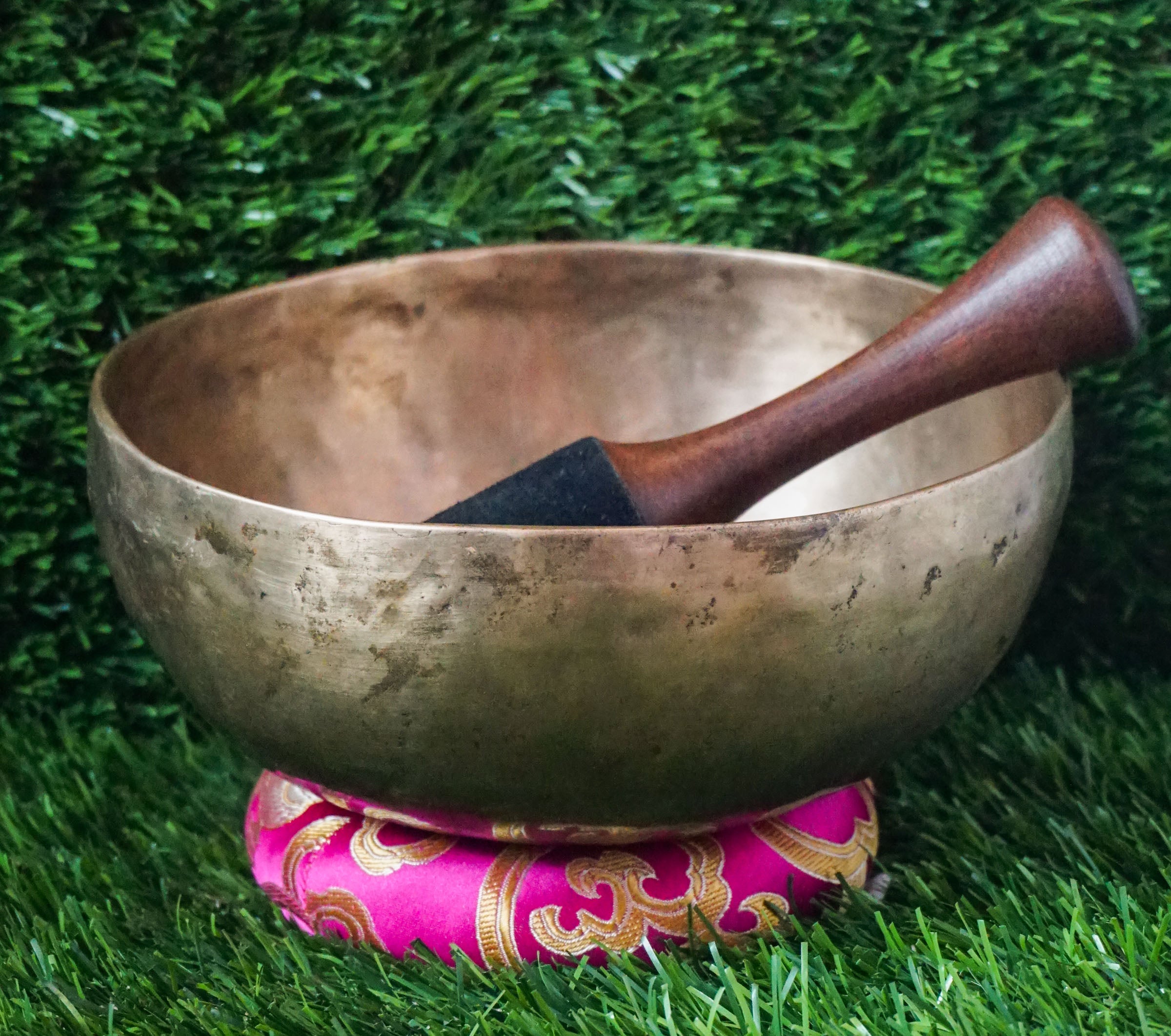 Semi-antique Singing Bowl handcrafted in Nepal with aged patina, delivering deep resonant tones for meditation, mindfulness, and spiritual practice.