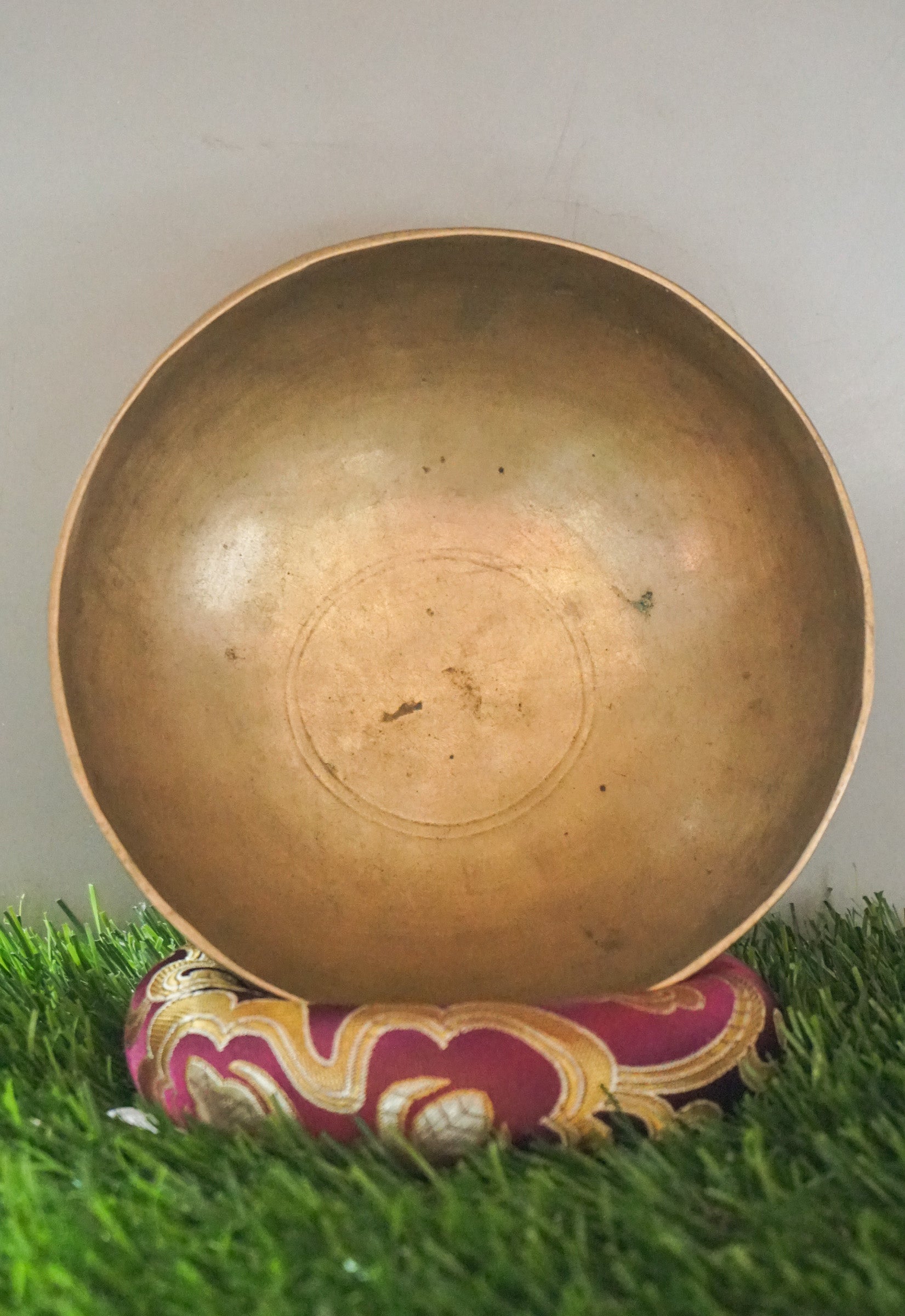Semi-antique Singing Bowl handcrafted in Nepal with aged patina, producing deep resonant tones for meditation and healing.