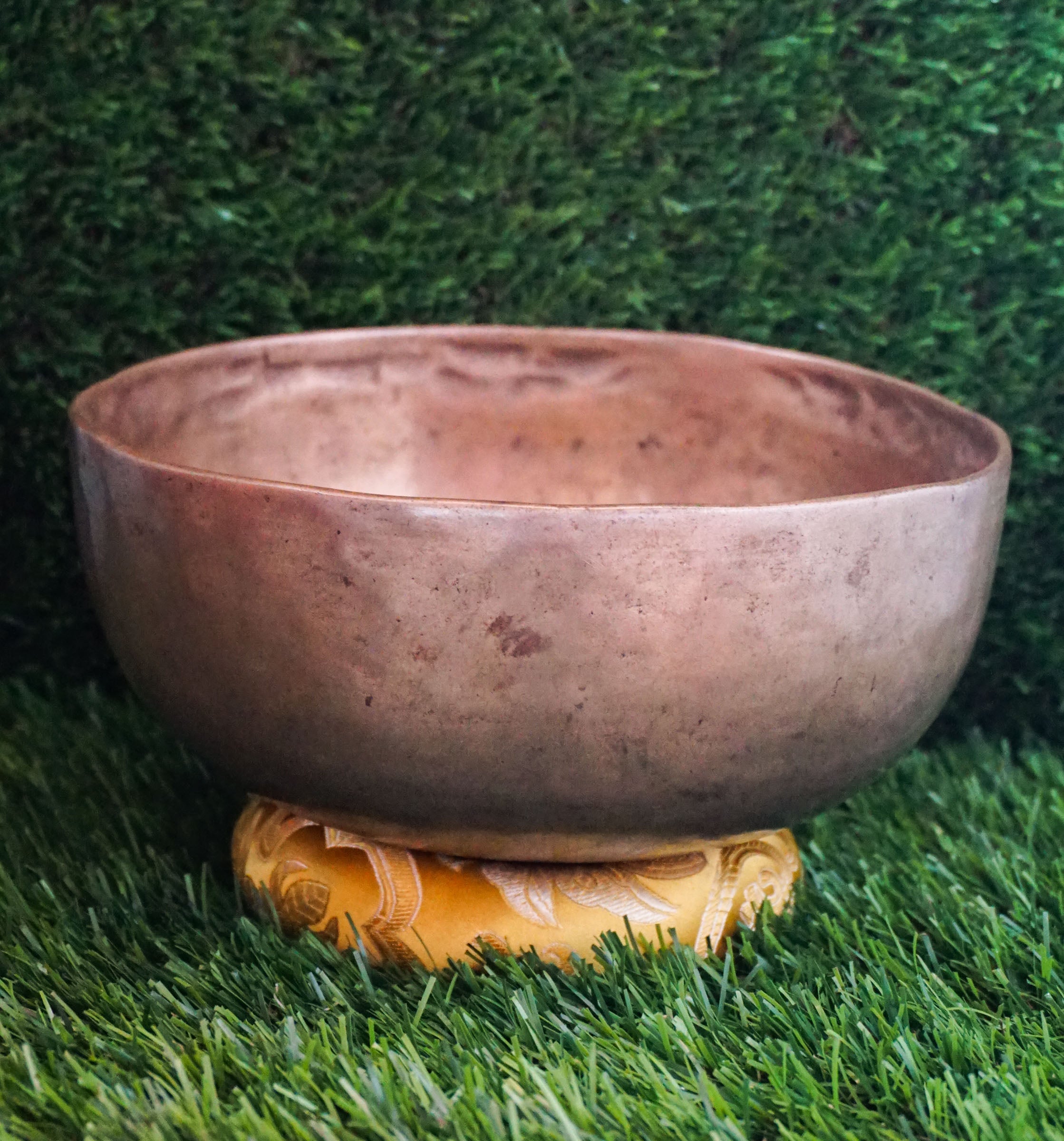 Semi-antique Singing Bowl handcrafted in Nepal with aged patina, producing deep resonant tones for meditation and healing.