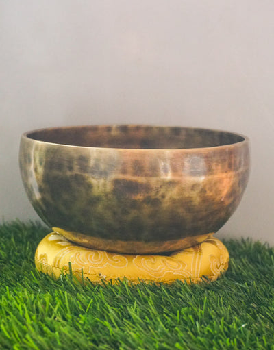Hand-hammered Tiger Style Tibetan Singing Bowl from Kathmandu Nepal with tiger stripe patterns, used in Buddhist meditation, sound healing, and Himalayan mindfulness practice.