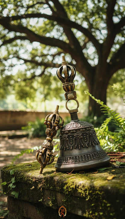 Handcrafted seven metal Ritual Vajra Bell from Nepal with bajra motifs.