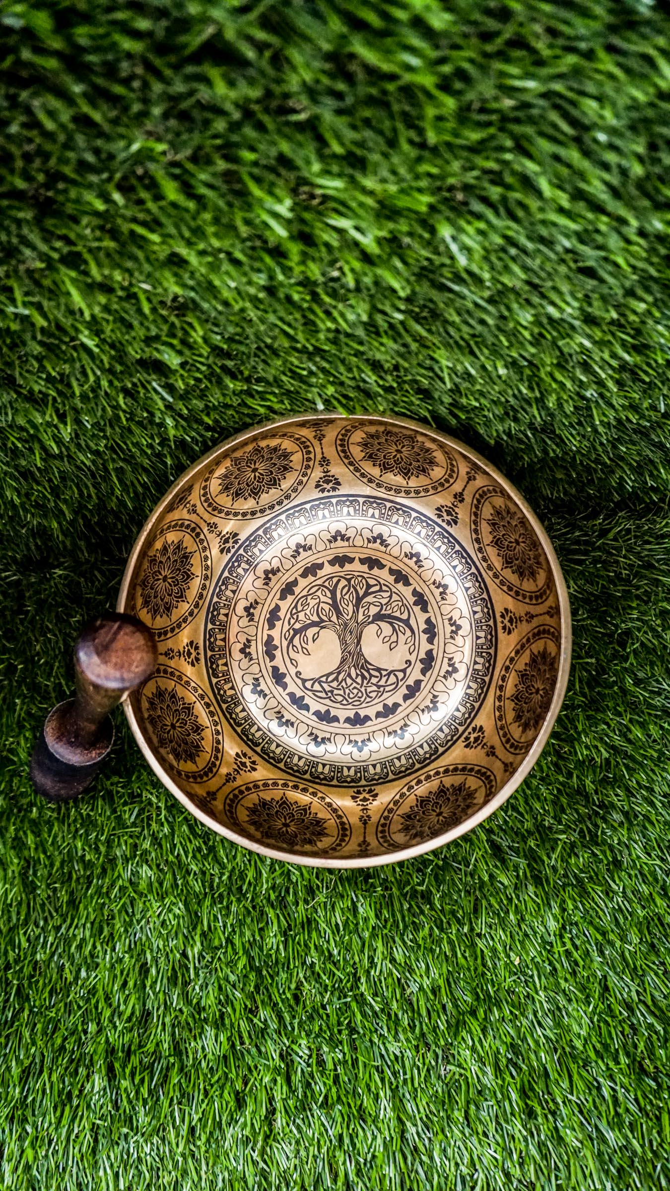 Handcrafted Tree of Life singing bowl featuring a central tree design, surrounding motif and floral patterns inside, and repeated Tree of Life engravings on the outside; includes wooden mallet and silk cushion, ideal for meditation and grounding.