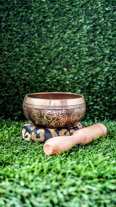 Yin Yang Fish Singing Bowl featuring two koi fish symbolizing balance and harmony. Wrapped in Om Mani Padme Hum mantra, it produces calming tones ideal for meditation and grounding.