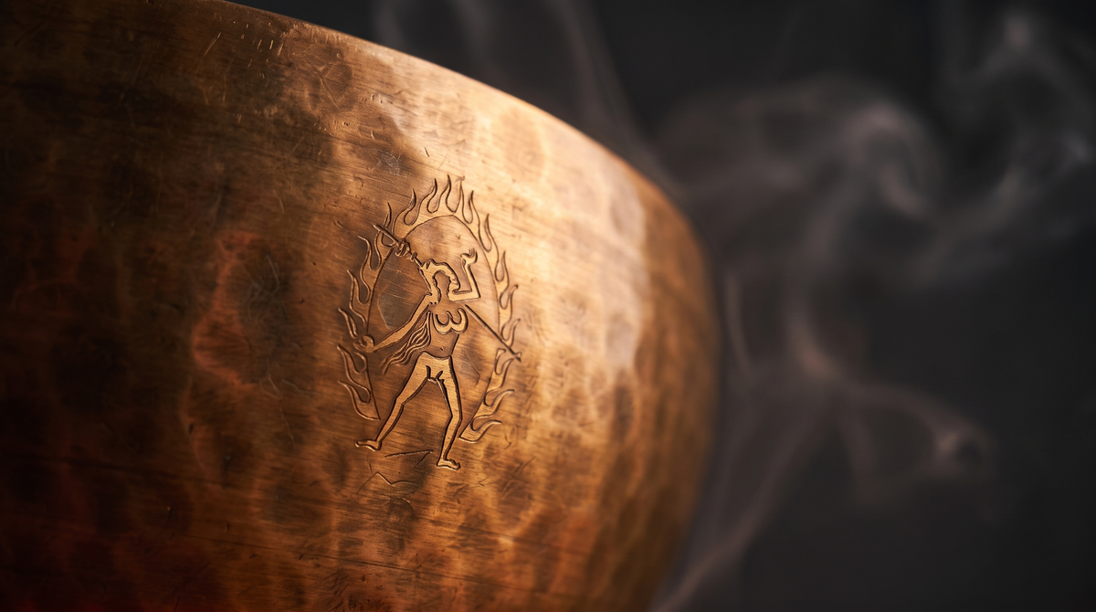 Close-up of a hand-hammered Tibetan singing bowl engraved with a Yogini