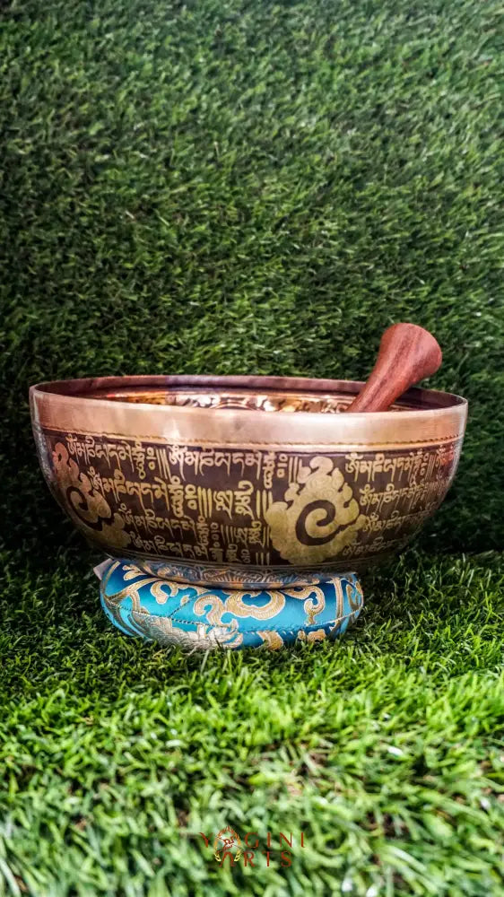 The Buddha Singing Bowl features a serene Buddha at the center surrounded by Om Mani Padme Hum syllables, with the full mantra on the outside. It produces a deep, steady tone that promotes calm, mindfulness, and inner peace. Perfect for meditation and reflection. Includes wooden mallet and silk cushion.