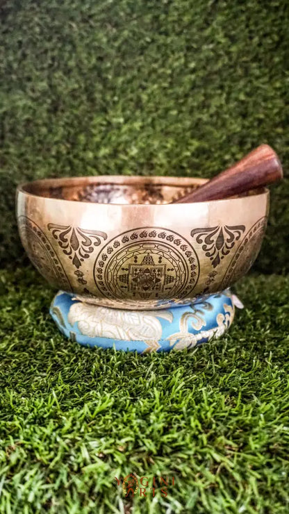 Awaken and balance your inner energies with our handcrafted Chakra Manab Singing Bowl. Featuring detailed engravings of the seven chakras and sacred Sanskrit mantras, this bowl supports spiritual growth, healing, and protection. Hand-hammered by skilled Himalayan artisans, it produces rich, clear tones that help clear energy blockages and promote chakra alignment. Ideal for meditation, sound healing, and holistic wellness, it is a meaningful companion on your spiritual journey.