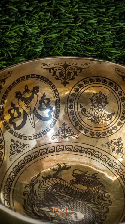 Awaken strength and clarity with our handcrafted Dragon Singing Bowl. The engraved dragon symbolizes protection and transformation. It produces deep, calming tones that ground your energy and boost focus. Sacred mantras on the outside offer spiritual protection. Perfect for meditation and healing, this bowl supports emotional balance and personal growth.