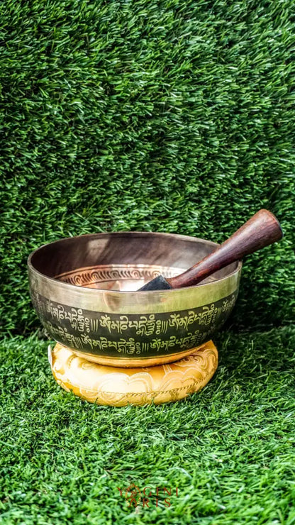 The Two Fish and Lotus Singing Bowl symbolizes harmony and growth. Inside, two fish face each other with a lotus beneath. The outside shows the Om Mani Padme Hum mantra in Tibetan. Its clear, calming tones support meditation and relaxation. Perfect for creating peace and balance in any space.