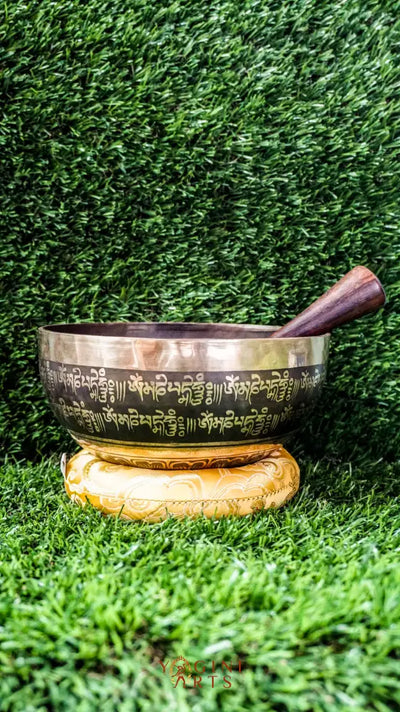 The Two Fish and Lotus Singing Bowl symbolizes harmony and growth. Inside, two fish face each other with a lotus beneath. The outside shows the Om Mani Padme Hum mantra in Tibetan. Its clear, calming tones support meditation and relaxation. Perfect for creating peace and balance in any space.