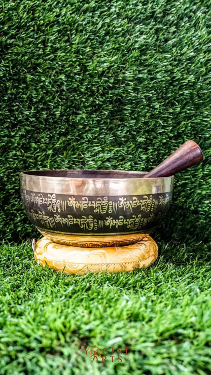 The Two Fish and Lotus Singing Bowl symbolizes harmony and growth. Inside, two fish face each other with a lotus beneath. The outside shows the Om Mani Padme Hum mantra in Tibetan. Its clear, calming tones support meditation and relaxation. Perfect for creating peace and balance in any space.