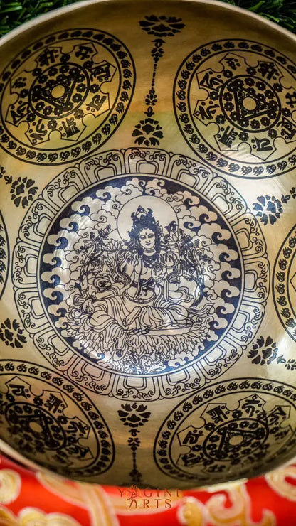 The Green Tara Singing Bowl brings compassion and protection to your space. Featuring Green Tara at its center and surrounded by calming mandala patterns, it produces a soft, steady sound that helps soothe the mind and deepen meditation. A gentle companion for peace and healing.
