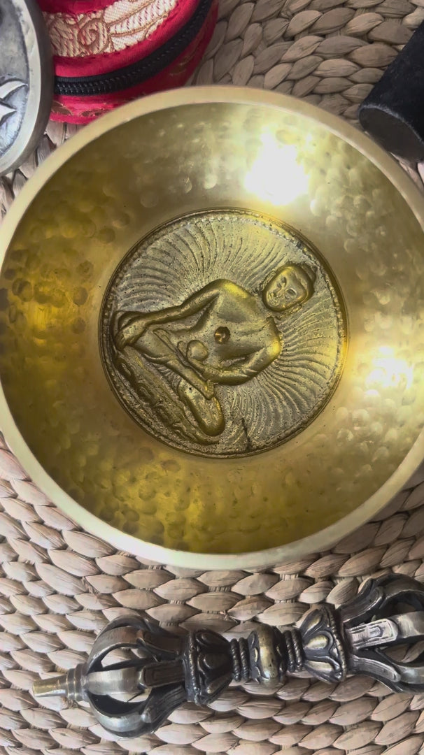 Load video: Buddha design singing bowl set with tingsha, wooden striker, cushion, Bell and Vajra