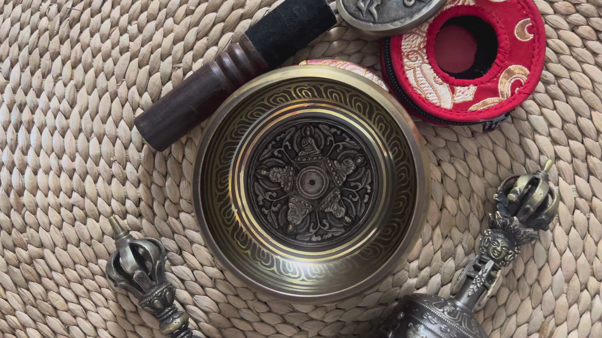 Load video: Pancha Buddha singing bowl set with tingsha, suede mallet, cushion, Buddhist mantra artwork, bell and vajra