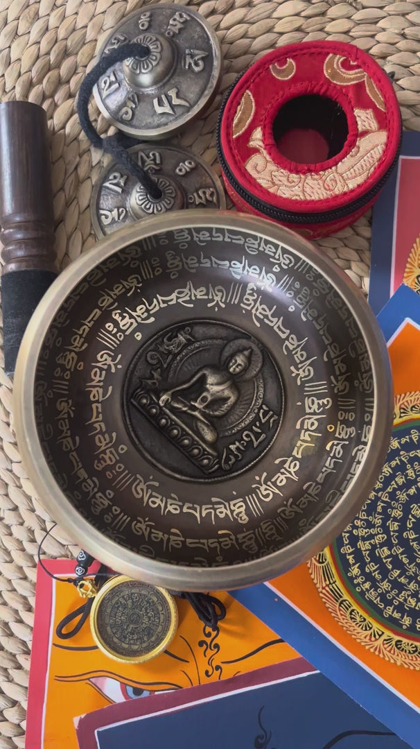 Load video: Buddha bronze singing bowl set with tingsha, suede mallet, cushion, Buddhist artwork and pendant