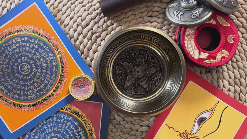 Pancha Buddha singing bowl set with tingsha, suede mallet, cushion, Buddhist mantra artwork and pendant